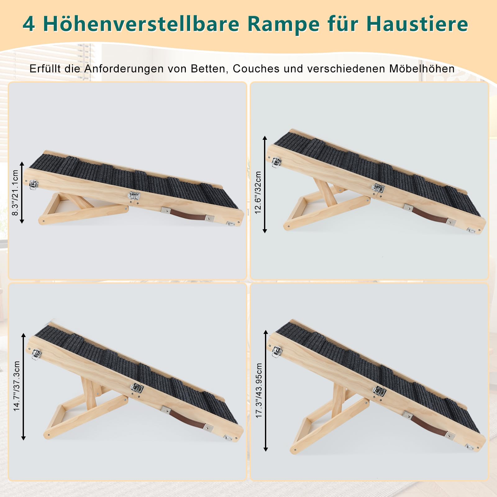 Rampa per cani di piccola taglia e anziani, rampa per cani, 4 altezze regolabili da 25 cm a 48 cm, con tappetino antiscivolo, in legno, pieghevole, per letto o divano