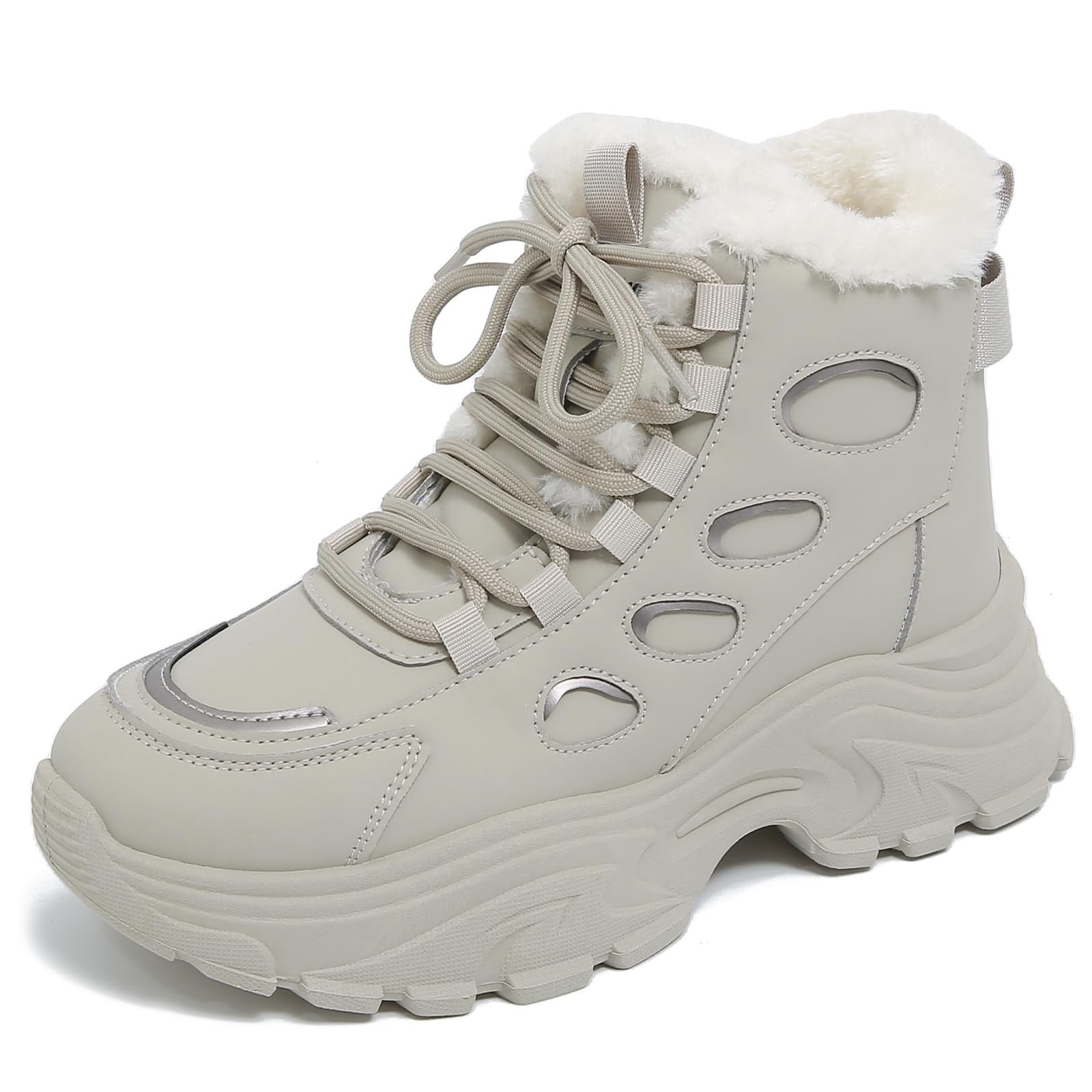 Womens Leather Platform Warm High Top Sneakers Comfortable Fur Lined Water Resistant Lace Up Ankle Booties with Side