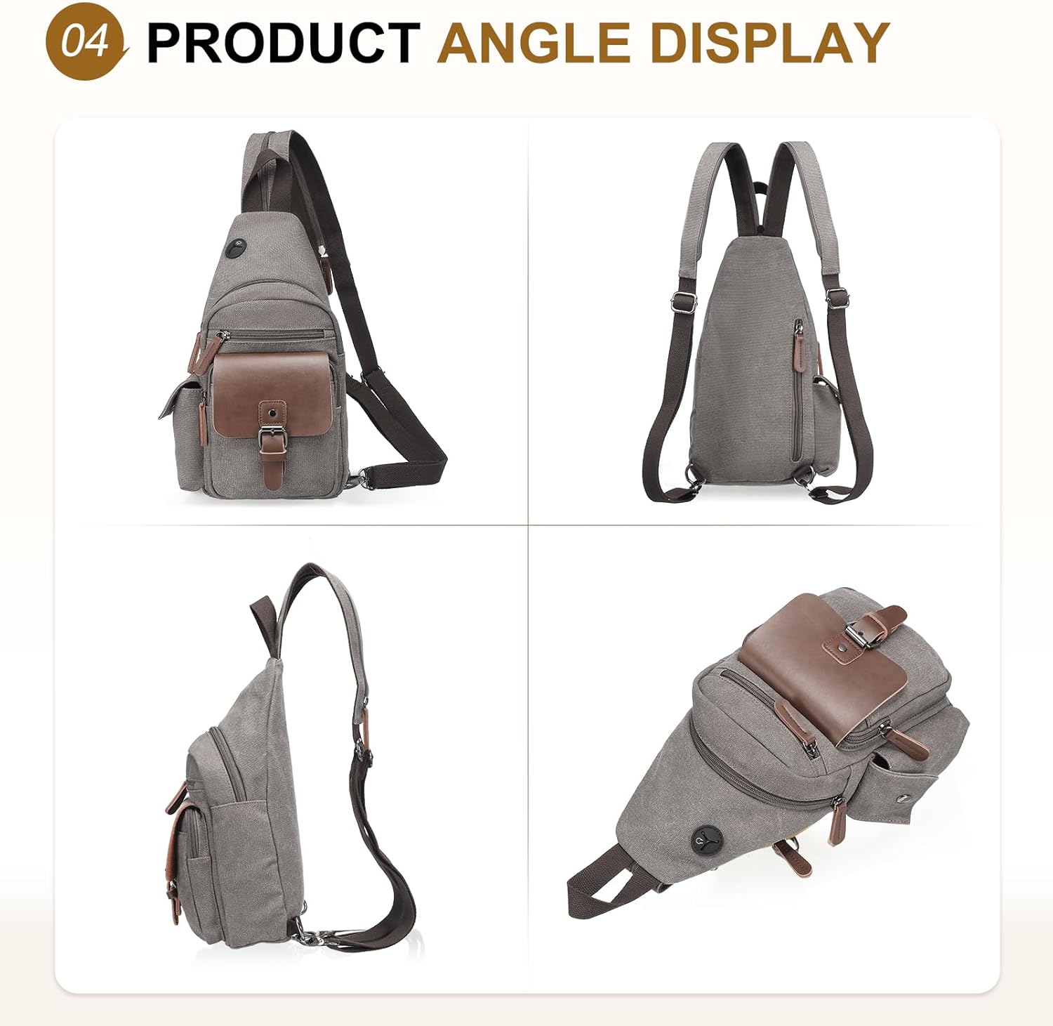 Canvas Sling Bag for Women Men, Crossbody Backpack Vintage, Shoulder Bag W/Leather Accents for Outdoor Cycling Hiking Travel, Grey - Image 8