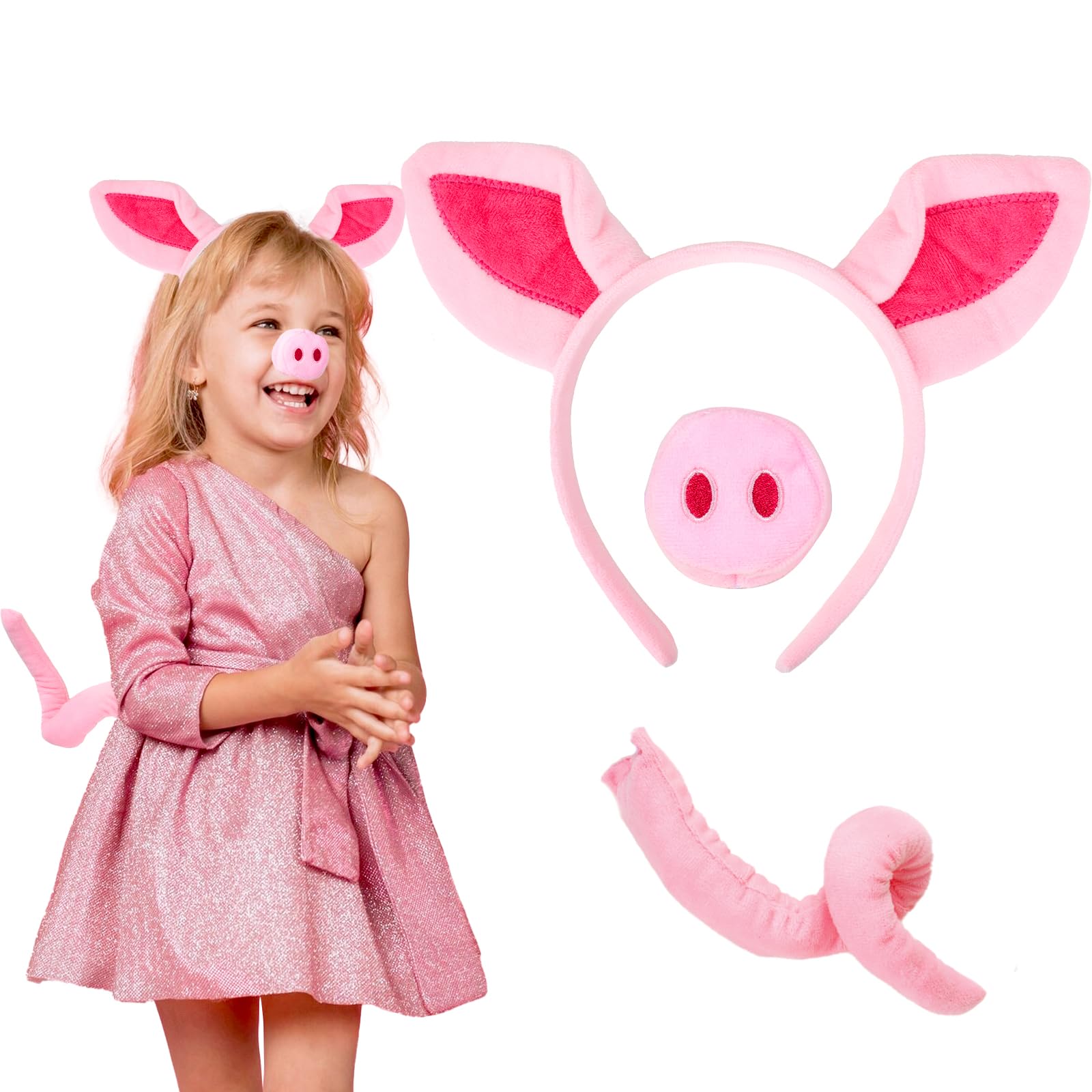 BHGT Pig Ears Headband and Tail Pig Nose Piglet Animal Party Accessories for Kids Children Carnival Halloween, Pink