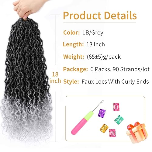 Miniatura 2 de Rastas de cabello sintético de ganchillo de 18 pulgadas, 6 paquetes de rastas de diosa gris degradado, cabello de ganchillo preanudado con extremos