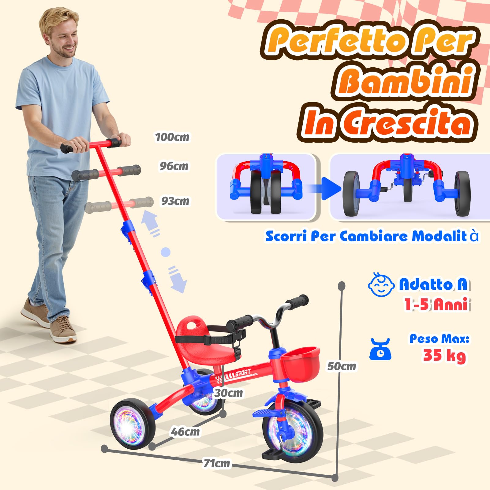 HappyGoLucky 5 in 1 Triciclo per Bambini Evolutivo, Bicicletta Bambini 1-5 Anni-Ruote Luminose/Maniglia Parentale/Sedili&pedali Regolabili