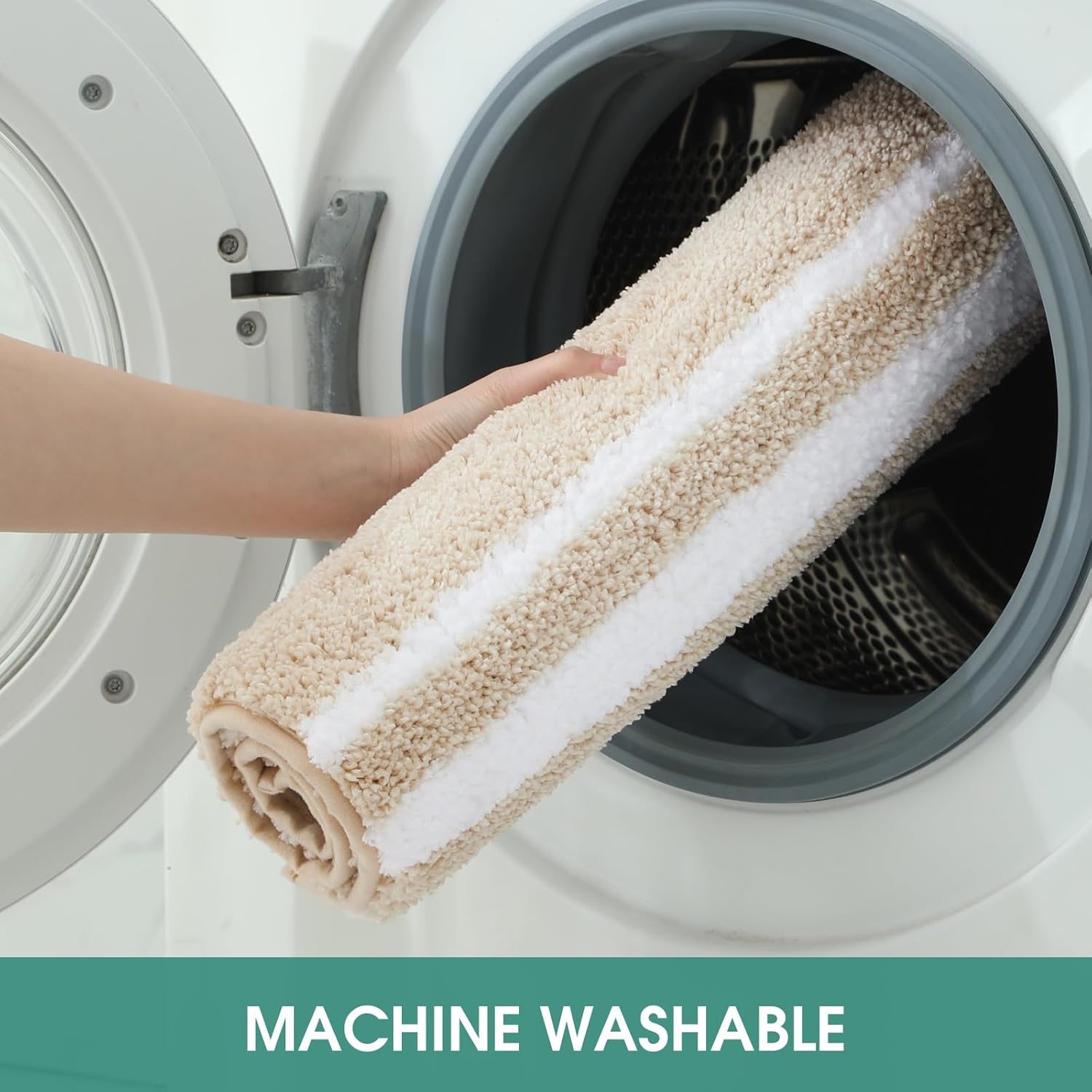 HOMEIDEAS Bathroom Rug Set 2 Piece, Striped Super Absorbent Soft Microfiber Non-Slip Washable Bath Mats for Shower and Tub (Beige)