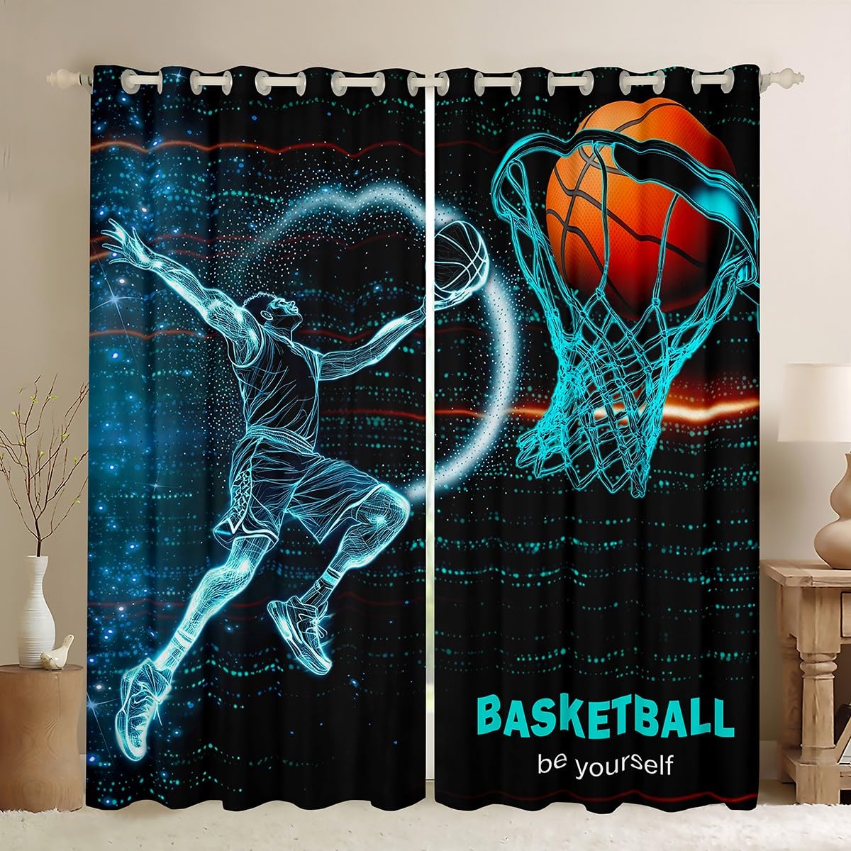 Homewish Teens Boys Basketball Blackout Curtains 46 x 54 Inch - Basketball Player Dunking Design Eyelet Curtains for Living Room Bedroom Dorm - Sports Themed Room Darkening 2 Panels โ image 1