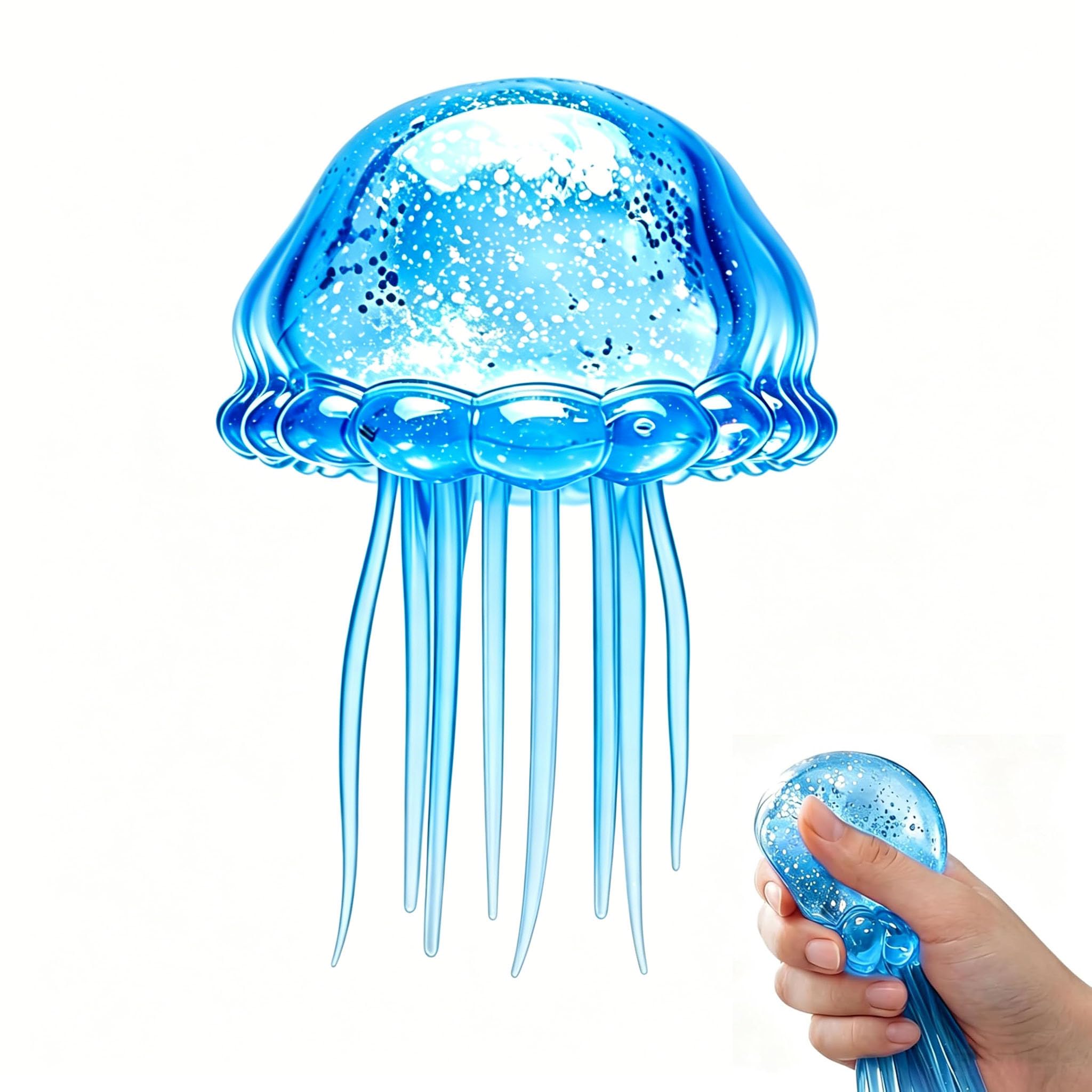 Glitter Jellyfish Squishy Toy, Stress Relief Squishy Fidget Toy for Kid&Adult, Soft Jellyfish Sensory Toy with Wiggly Tentacle, Portable Squeeze Ball for Office School Travel (Blue Jellyfish)