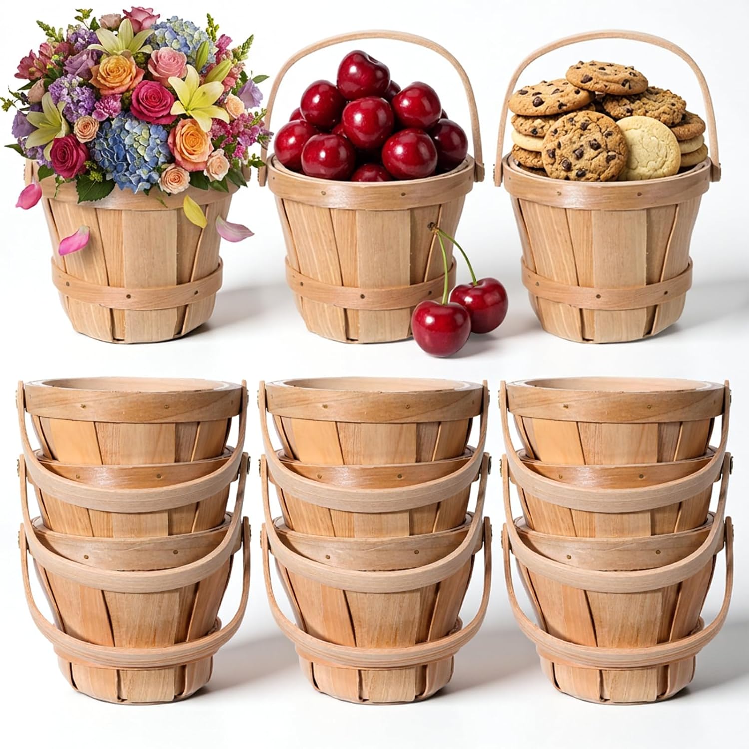 10 Pcs Mini Wooden Apple Baskets, 5.1 x 3.9 Inch Small Harvest Baskets Bulk Round Woven Farmers Market Berry Basket with Handle for Fruit Picking, Picnics, Wedding Decor, Home Decor, DIY Craft