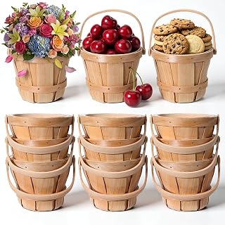 10 Pcs Mini Wooden Apple Baskets, 5.1 x 3.9 Inch Small Harvest Baskets Bulk Round Woven Farmers Market Berry Basket with Handle for Fruit Picking, Picnics, Wedding Decor, Home Decor, DIY Craft