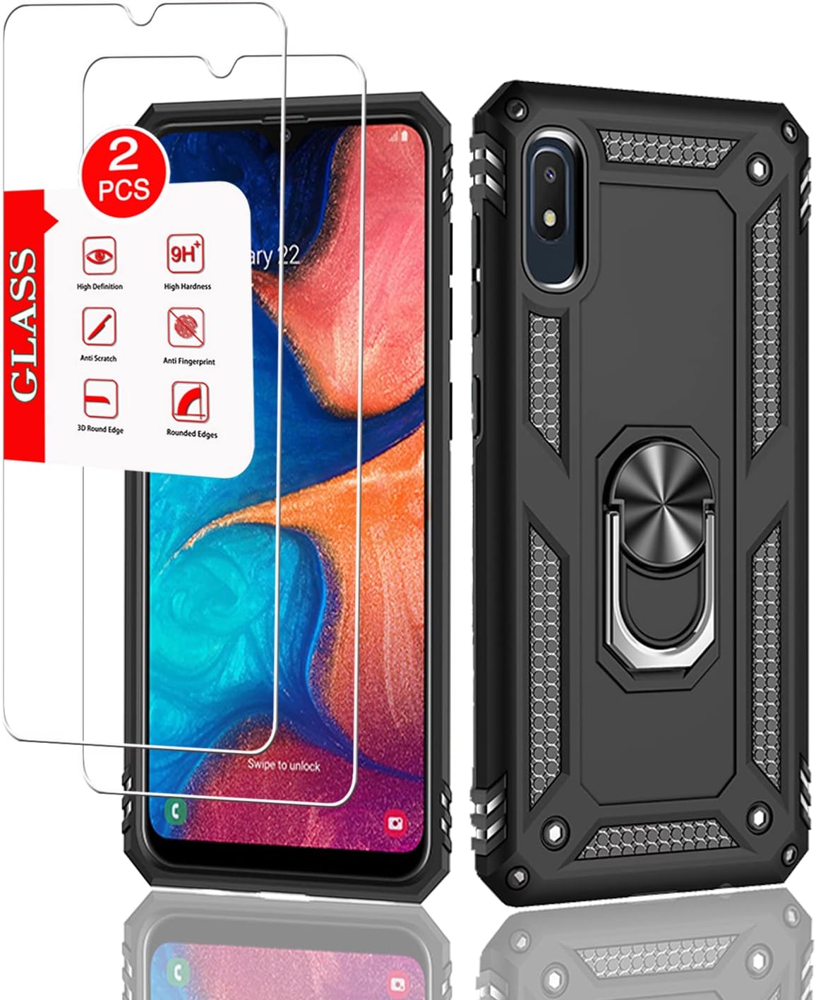 for Samsung Galaxy A10E Case with [2 Pack] Tempered Glass Screen Protector, for Galaxy A10e Heavy Duty Armor [Military-Grade] Protective，with Magnetic Kickstand Car Mount Holder Phone Case