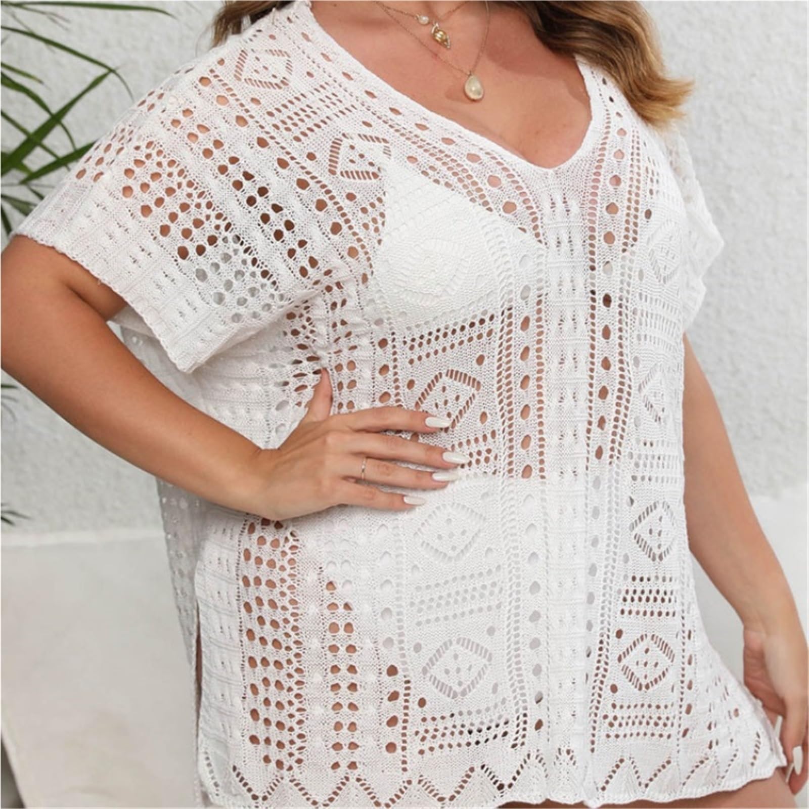 Vestido Playa Mujer Vestido playero de talla grande for mujer, manga corta, cuello en V grande, traje de baño hueco