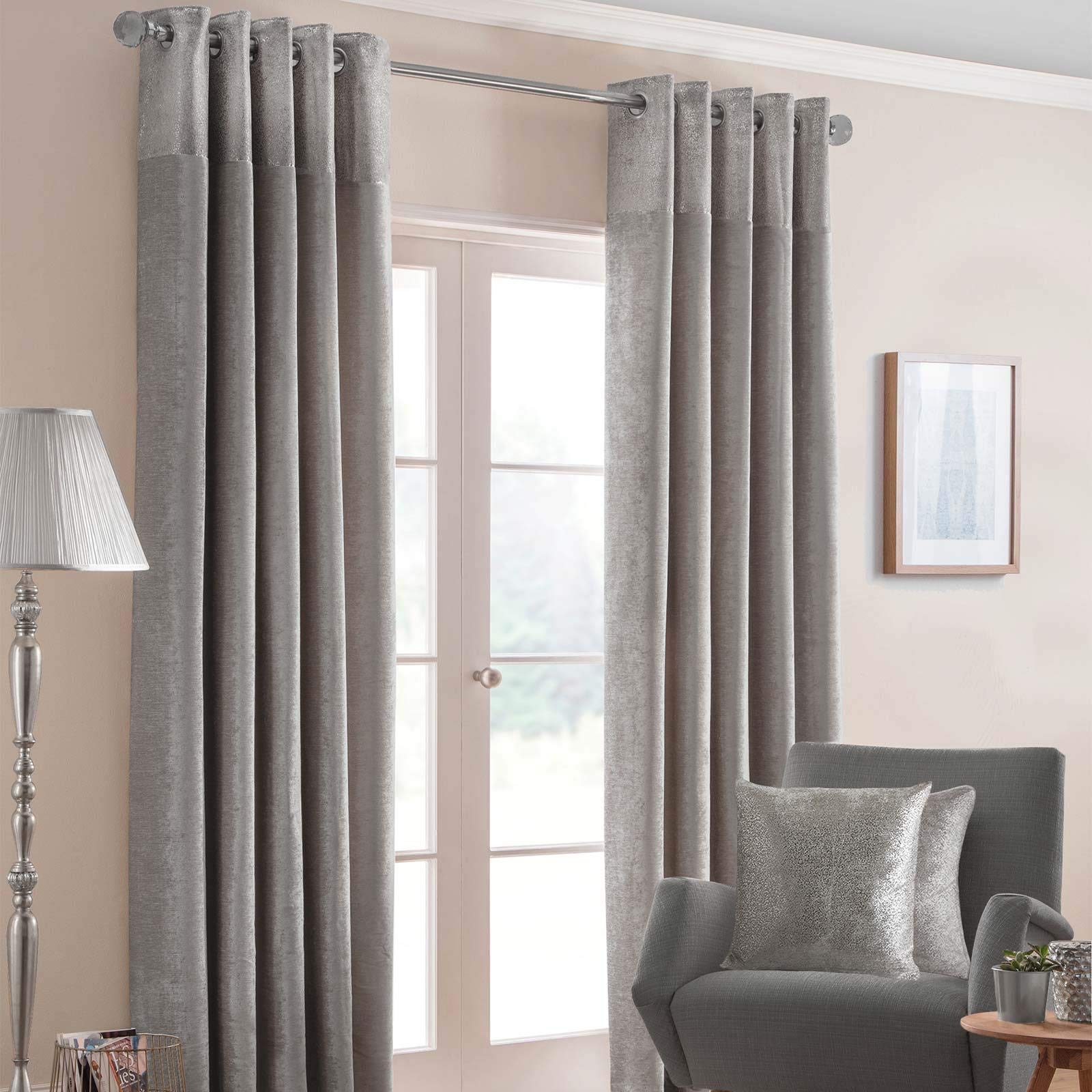 Homescapes Silver Grey Curtains 229 X 137Cm (90 X 54”) ”Nova Soft Chenille Modern Shimmer Curtain Pair Heavy Weight Eyelet Curtains