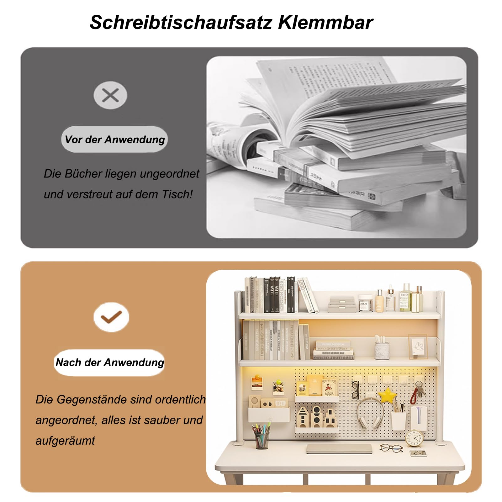 Klemmbare Schreibtisch-stecktafel-Regal, Büro Computer Schreibtisch Zubehör Organizer Schreibtischregal mit 2 Ebenen, Desktop Organizer für Zuhause Büro oder Wohnheim (80 cm)