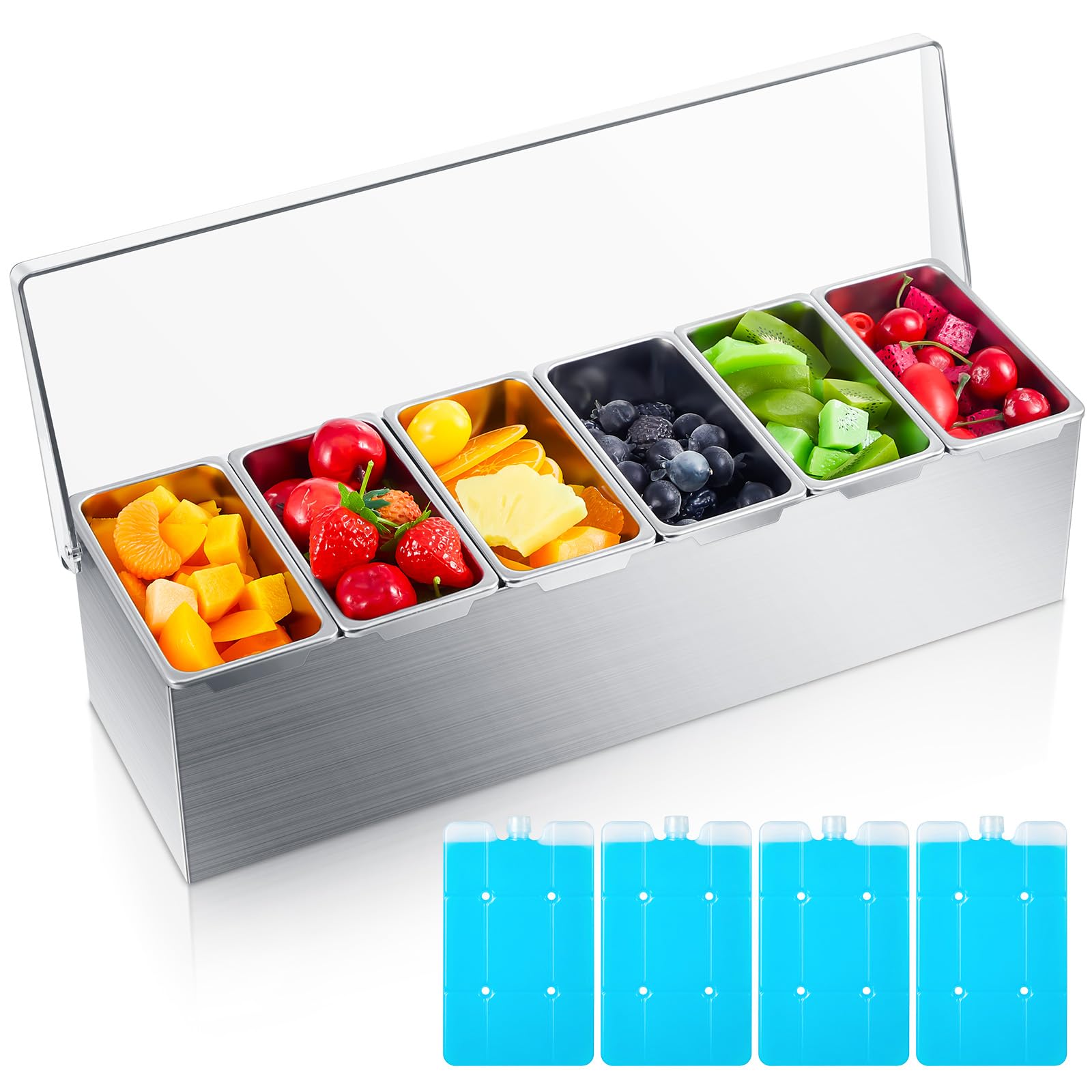 Boao Dispensador de condimentos de acero inoxidable con tapa e inferior, bandeja de condimentos de acero inoxidable de 6 ranuras, bandeja de guarnición enfriada por hielo con 4 cajas de hielo para