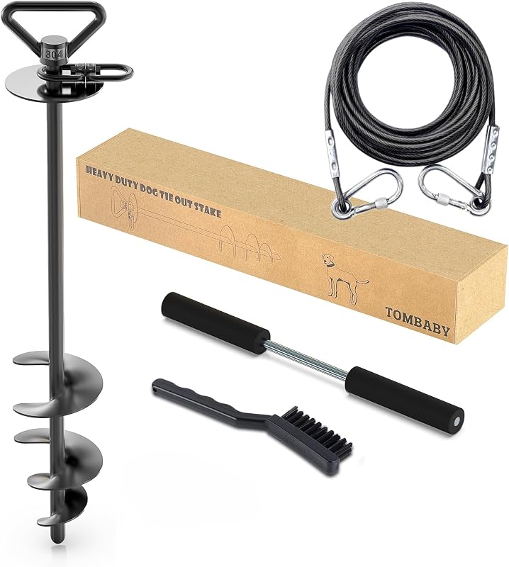 Estaca Espiral para Cães TOMBABY em Aço Inoxidável com Cabo de Contenção de 9,14 m, Preto