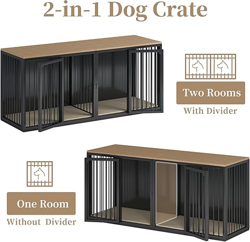 Vista 3 de Mueble grande para 2 perros, jaula de perro con marco de acero de 71.6 pulgadas con puertas dobles, perrera resistente para perros pequeños