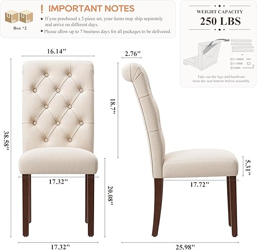 Miniatura 2 de Upholstered Tufted Dining Room Chairs Set of 4, Parsons Kitchen Chairs with Padded Seat and Solid Wood Legs, Fabric Accent Side Diner Chair for