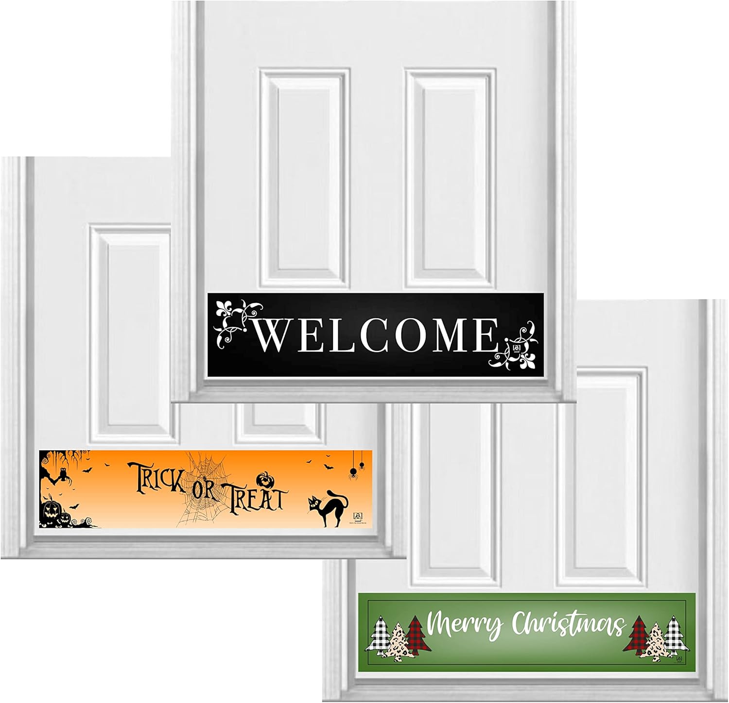 Deck the Door Decor | Magnetic Kick Plates - Interchangeable 3 Pack - Holiday & Movie Theme - for Steel Doors - (8x34", Yoda/Jackolanterns/Fragile)