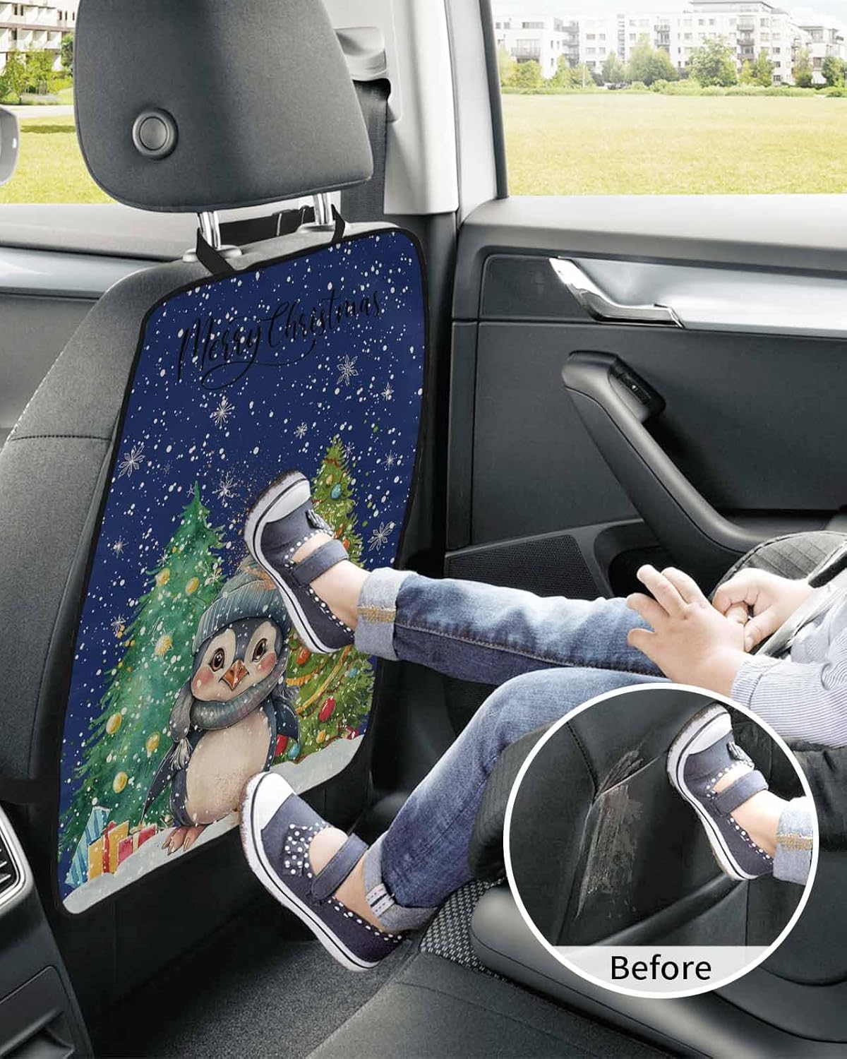Car Seat Protector, 2 Pack Kick Mats Back Seat Protector Merry Christmas Cute Penguin Xmas Tree Winter Snowflake Waterproof Backseat Cover for Kids Universal Fit Automotive Interior Protectors
