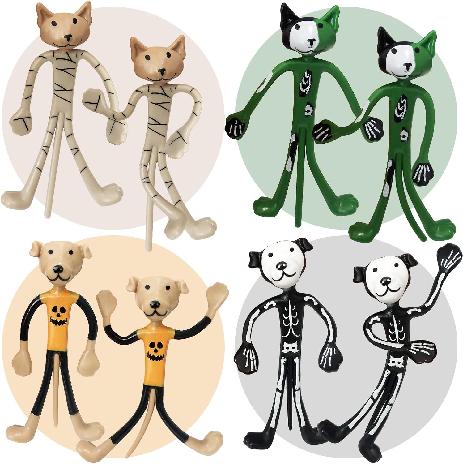 ArtCreativity Halloween Bendable Figures - Set of 12 Flexible Dog and Cat Toys in 4 Spooky Designs, Fun Halloween Toys for Kids, Non-Candy Trick or Treat Supplies, and Party Favors