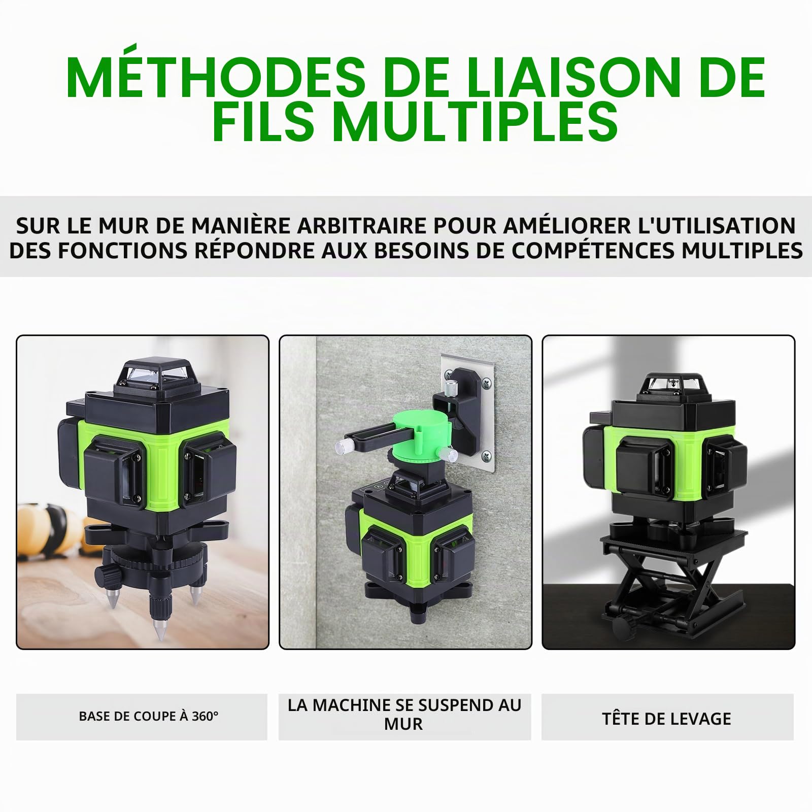Laser en croix avec trépied, niveau laser 16 lignes, niveau IP54, niveau à bulle 360°, auto-nivelant, trépied de 1,5 m, batterie 2400 mAh, pour la pose de carreaux de sol (green)