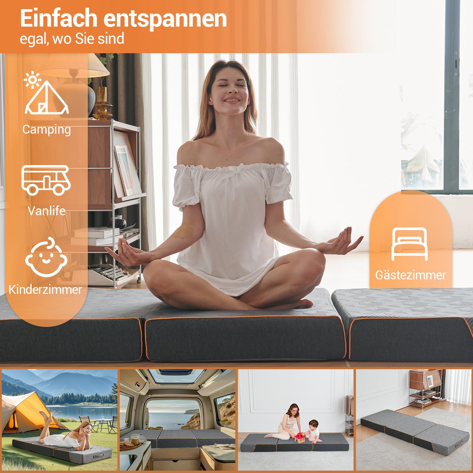 Materasso pieghevole 3 pezzi, materasso pieghevole in memory foam, materasso pieghevole per adulti, Oeko Tex Standard – Rivestimento lavabile