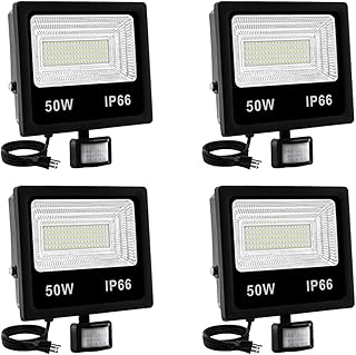 50W LED Flood Light with Motion Sensor, Outdoor Security Lights 5500LM Plug in Work Light IP66 Waterproof Wall Lights 3500K Warm White for Garden Patio Garage (Color : 4-Pack, Size : 50W)