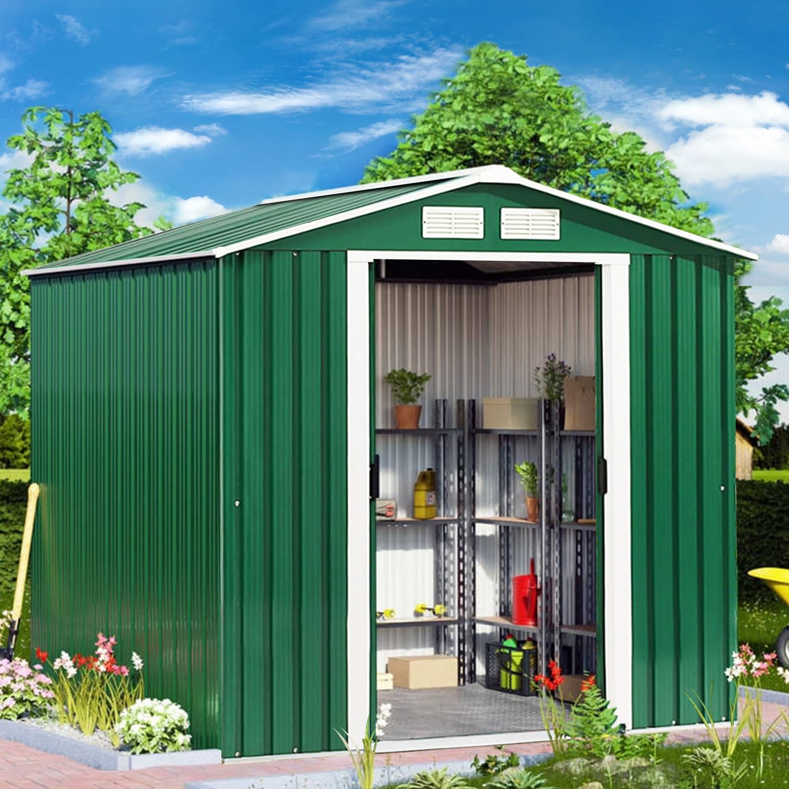 COSTWAY Caseta Jardin Exterior con Base Metálica con Puerta, 213x127x185cm, Exterior Caseta de Jardín Metálica Herramienta Almacenamiento, Cobertizo Jardin Exterior Grande (Verde Oscuro)