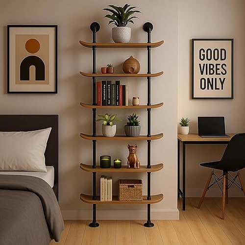 Miniatura 10 de Estantes industriales  Estantería de tubería de decoración industrial de 5 niveles con cubiertas de patineta de 7 capas  Acabado de madera natural