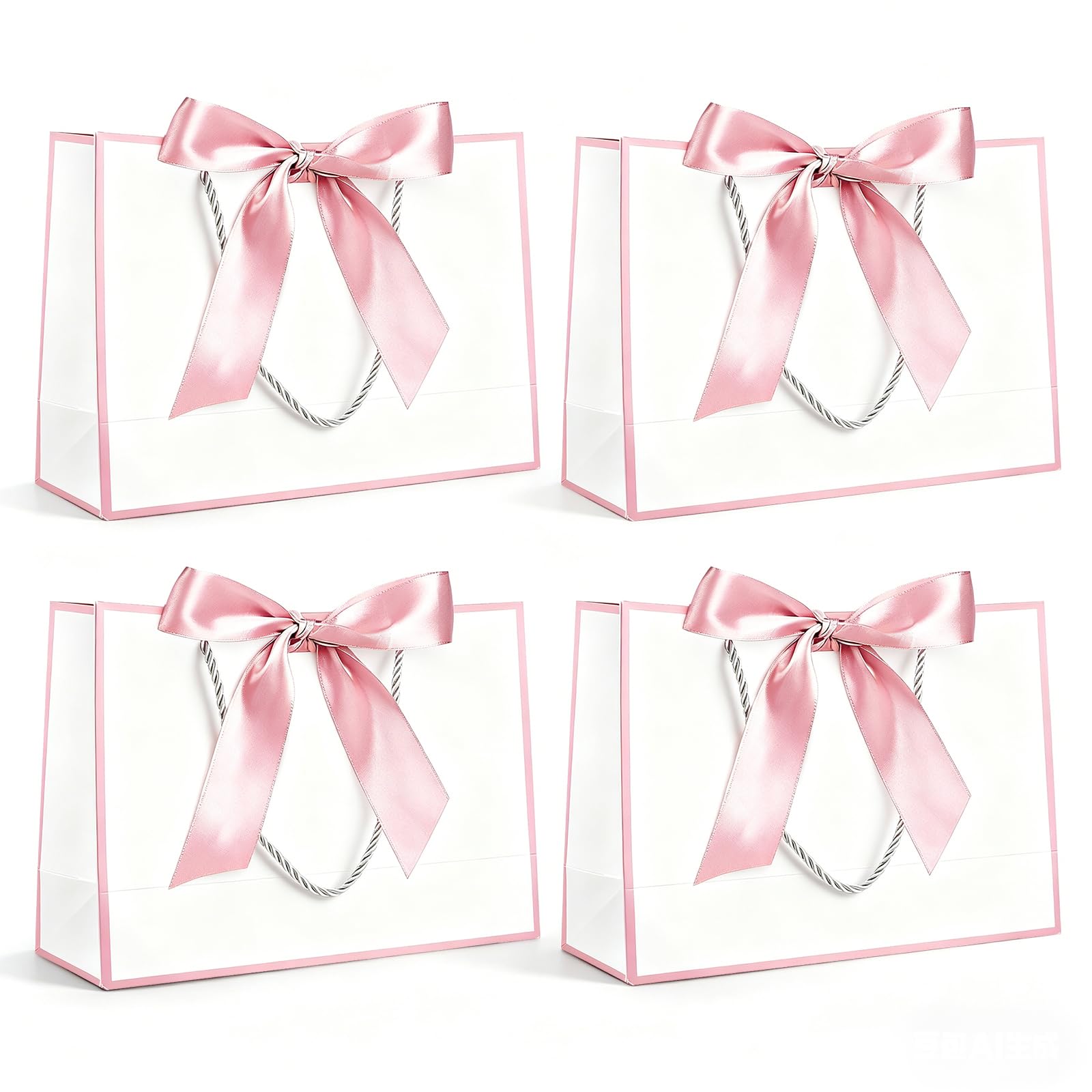 Yiran 4Pcs Medium White Pink Gift Bag with Greeting Handles and Ribbon for Girls Boys Men Womne Wedding Party Birthday Christmas Valentines Wrapping Bag Decorations Supplies
