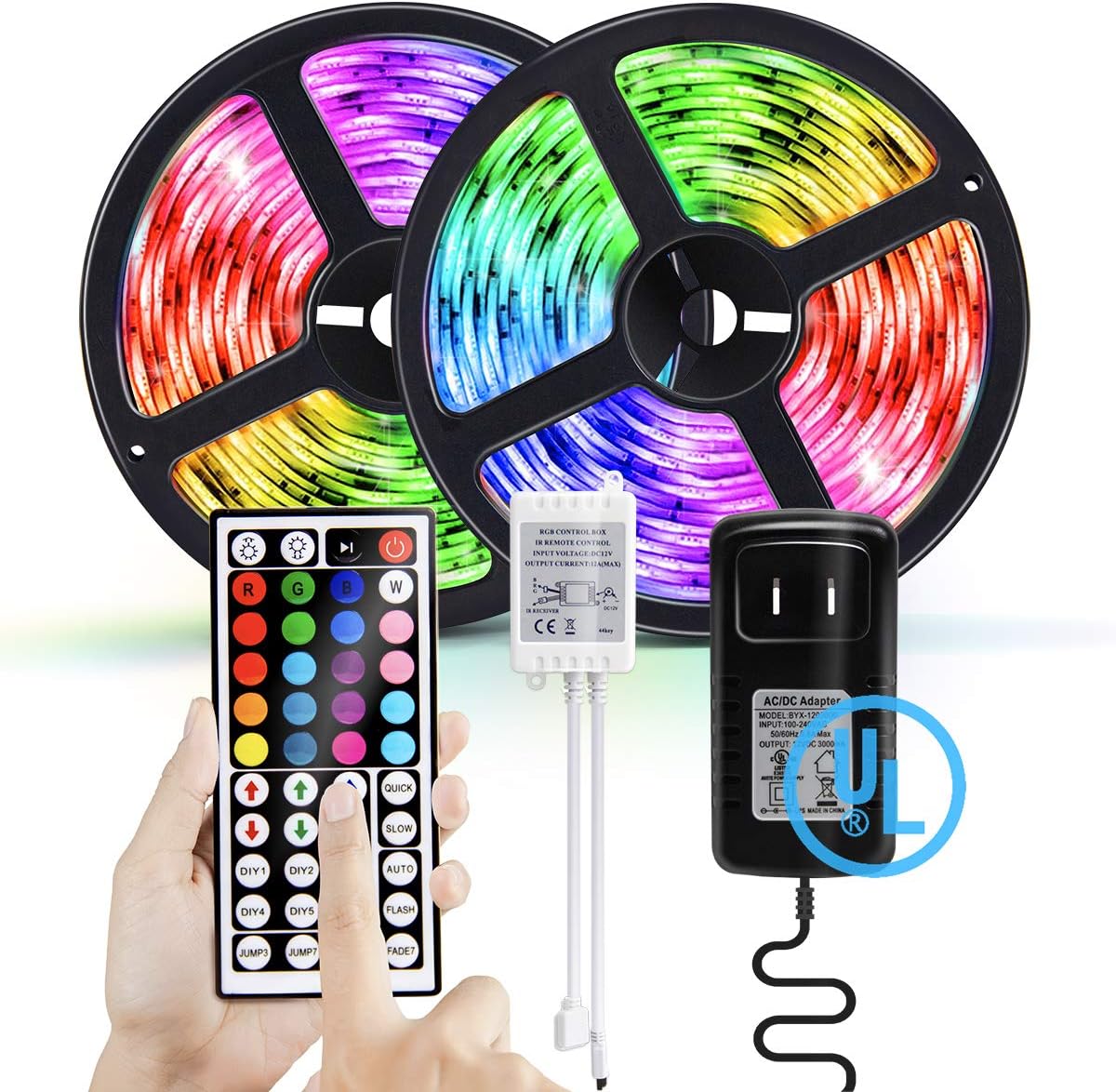 RGB LED Strip Lights, 32.8ft 300x 5050 LEDs, IP65 Waterproof, UL adaptor, 3M Adhesive, Color Changing Rope Lights, IR Remote Controller