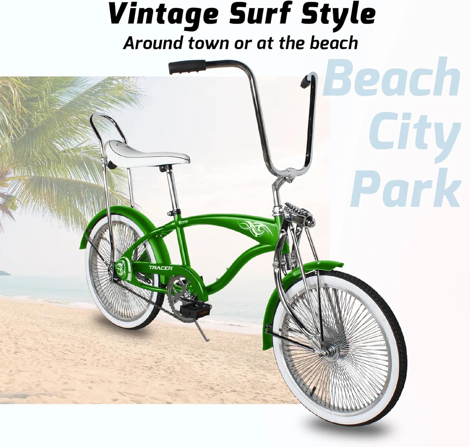 Tracer Retro Beach Cruiser for Adults,20 Inch Wheels,1.75 Tire, City Bike, Lowrider Springer Fork Retro Banana Seat,High Rise Handlebar - Multi Color