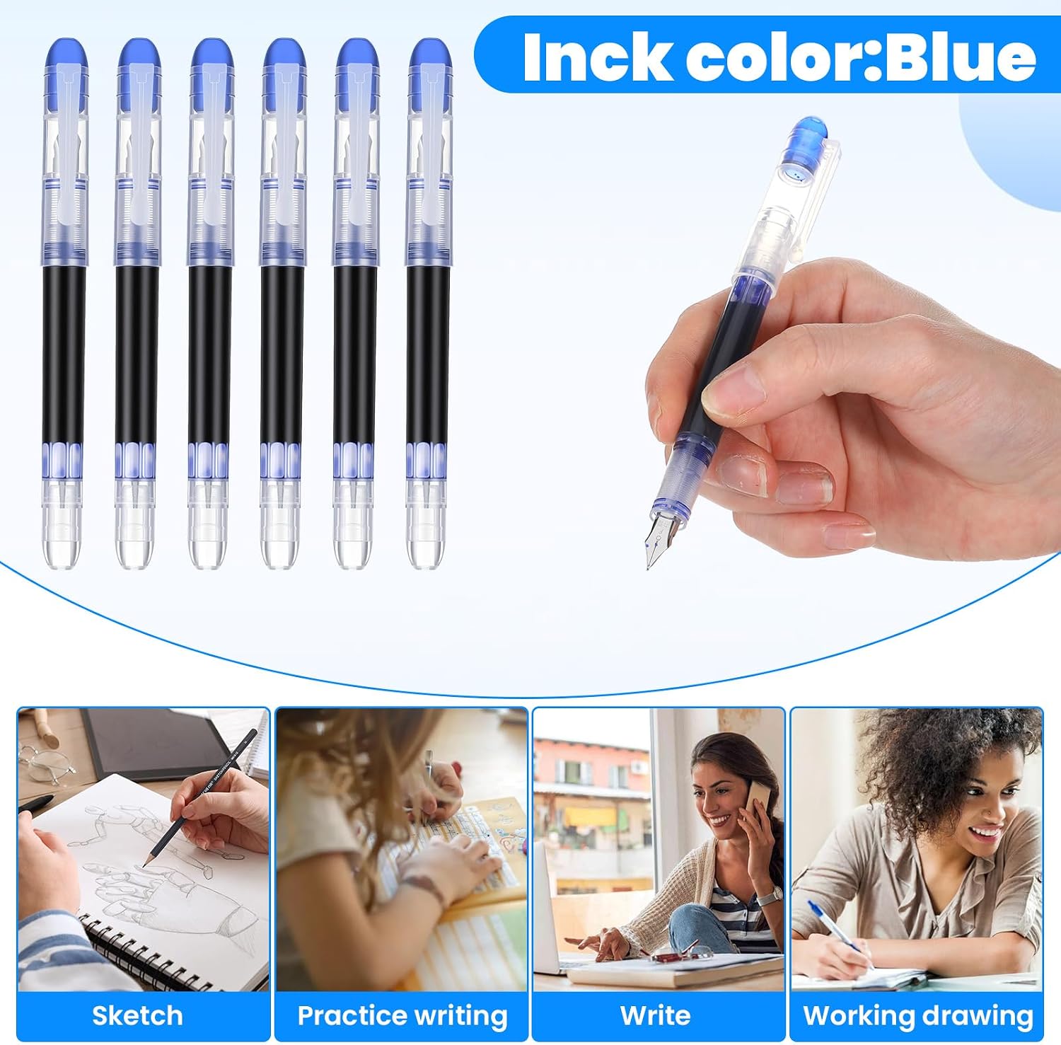 36 Pcs Blue Disposable Fountain Pens Bulk Disposable Fountain Pens Fine Point Quick Drying Ink Pen Calligraphy Smooth Writing Pen for Office Journaling Supplies Ideal Gifts
