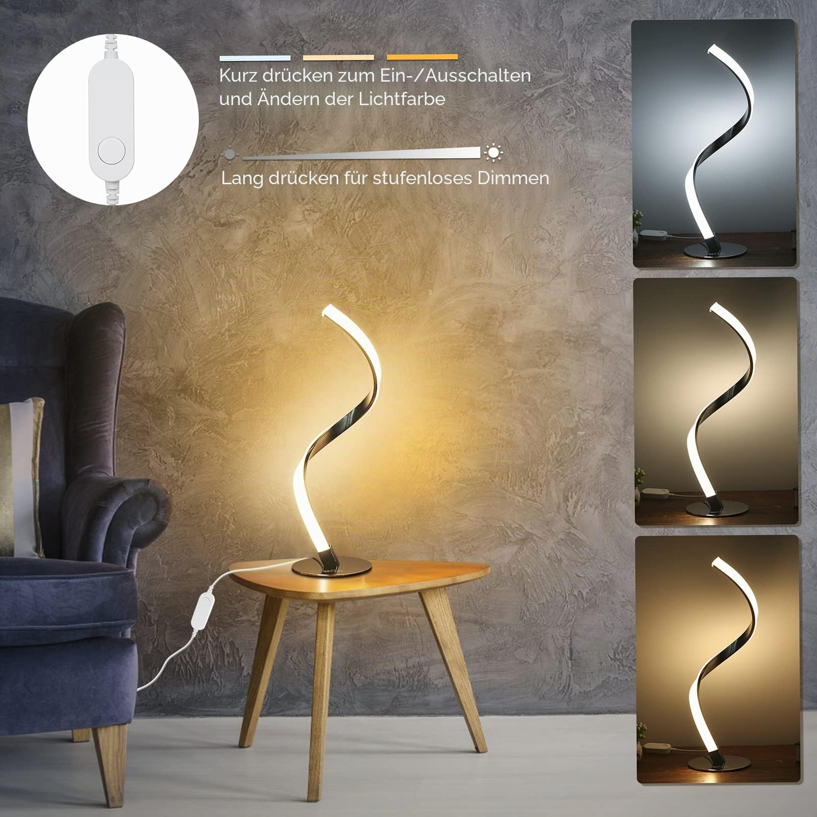 Neoglint Spiral LED Tischlampe 10W Dimmbar 3 Farben Beleuchtung Nachttischlampe Nachttischlampe für Schlafzimmer Wohnzimmer Büro