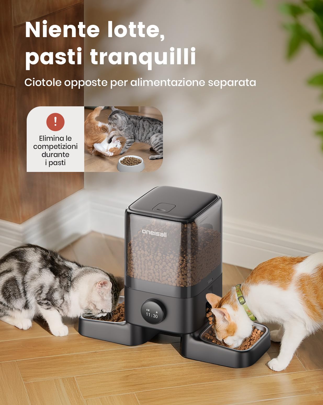 Oneisall Distributore Automatico di Crocchette Standard, 5L per 2 Gatti, per Cibo Secco, Ciotola in Acciaio Inox 304, Programmabile 1-6 Pasti al Giorno per Cani e Gatti, Nero