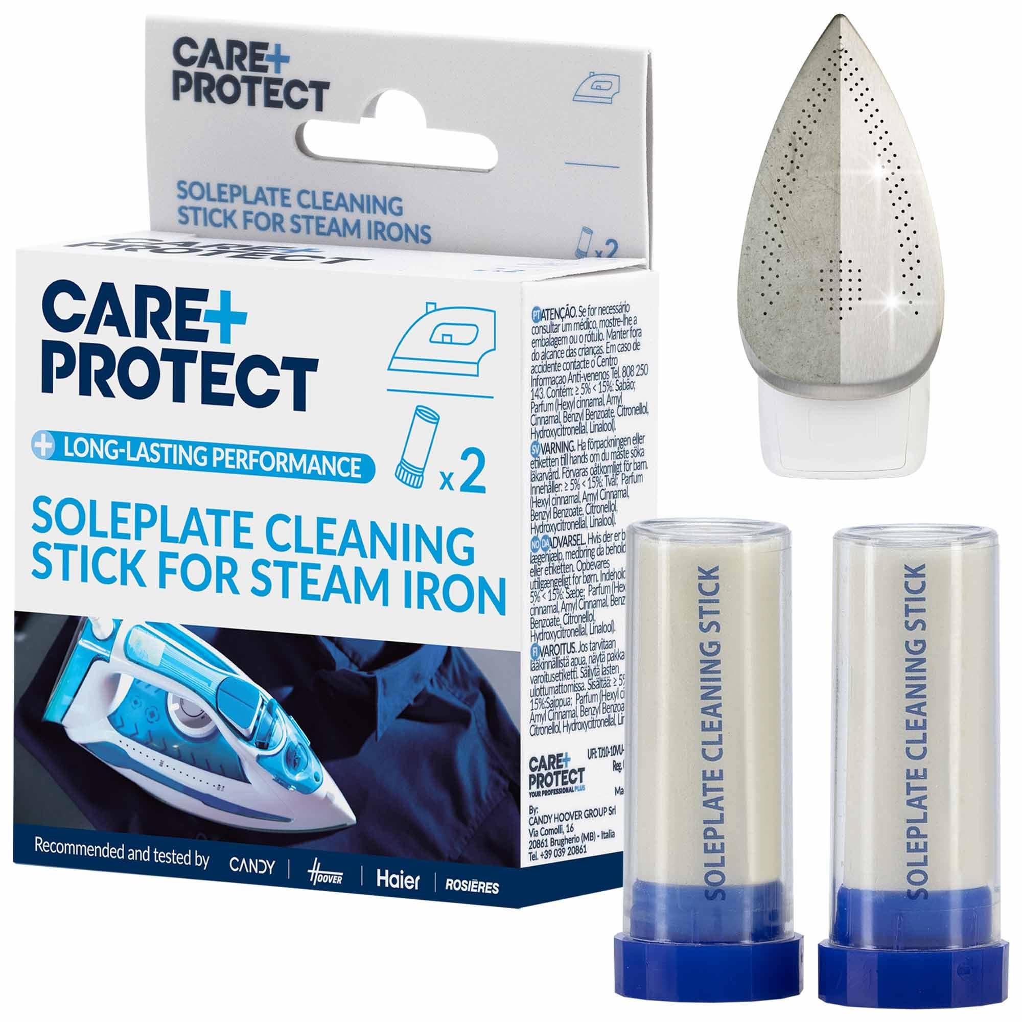 CARE+PROTECT Soleplate Cleaning Sticks for Steam Irons - Universal, Professional Descaler, Ideal for Removing Limescale, Stains and Deposits, Makes Ironing Easier, Pack of 2 Sticks, White โ image 1