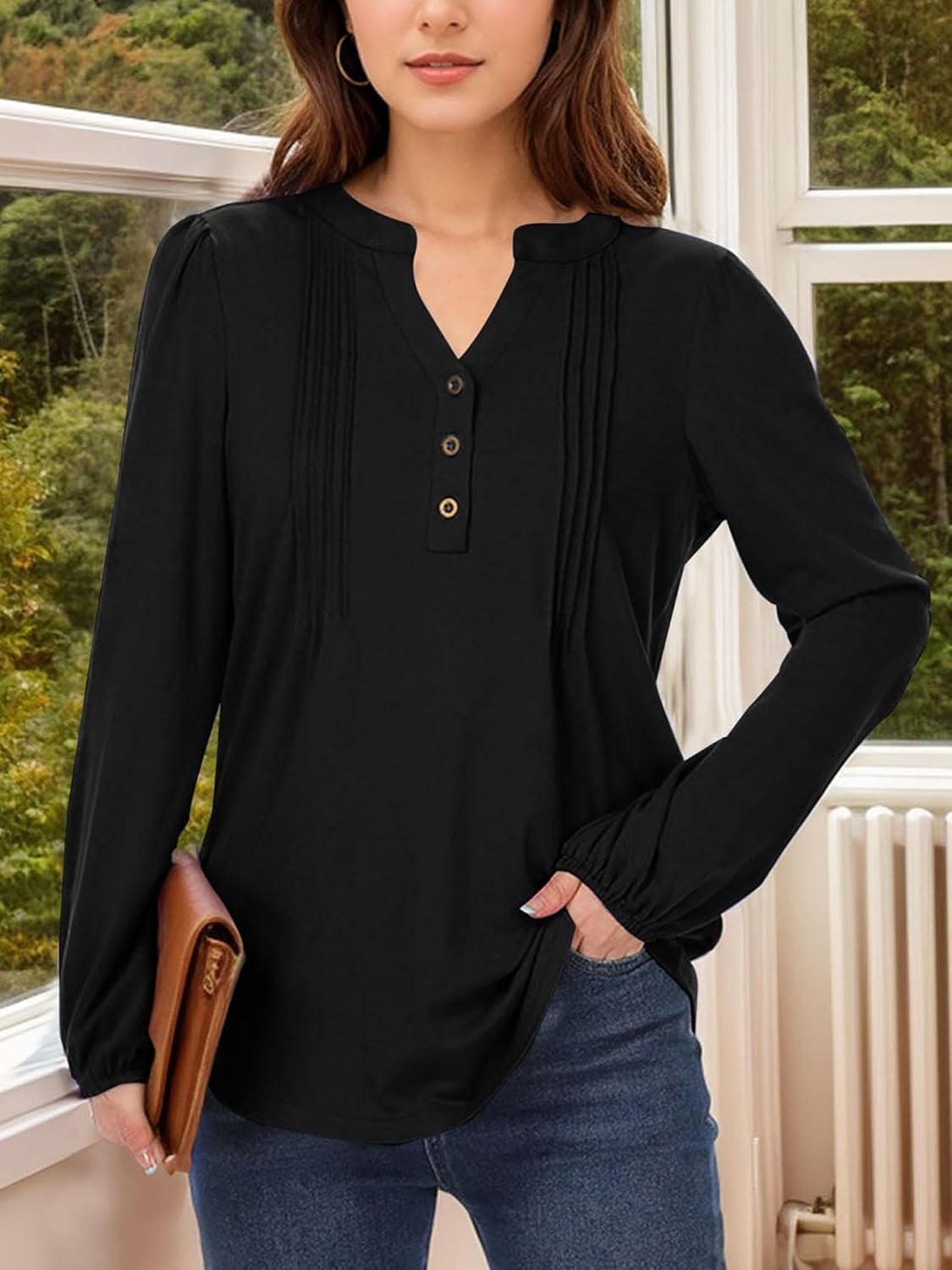 Long Sleeve Shirts for Women Buttons V Neck Hide Belly Blouses Fashion Casual Loose Fit Pleated Tunic Tops - Image 3