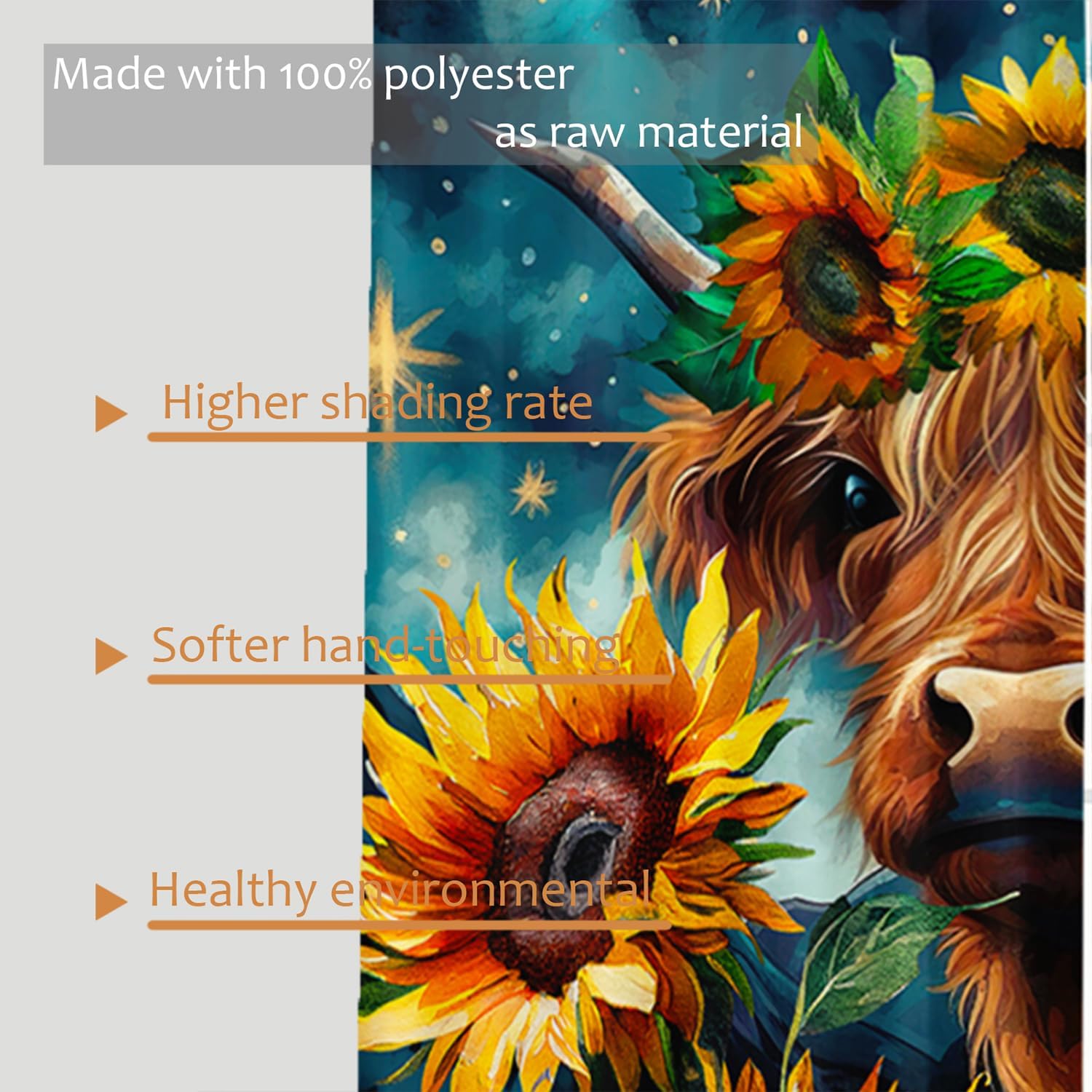 HOSIMA 3D Printing Oil Painting Art Highland Cow and Sunflower Curtains for Living Room 2 Panels Set 63 Inch Long,Farm Star Night Landscape Fancy Curtains for Bedroom Kitchen Decor.