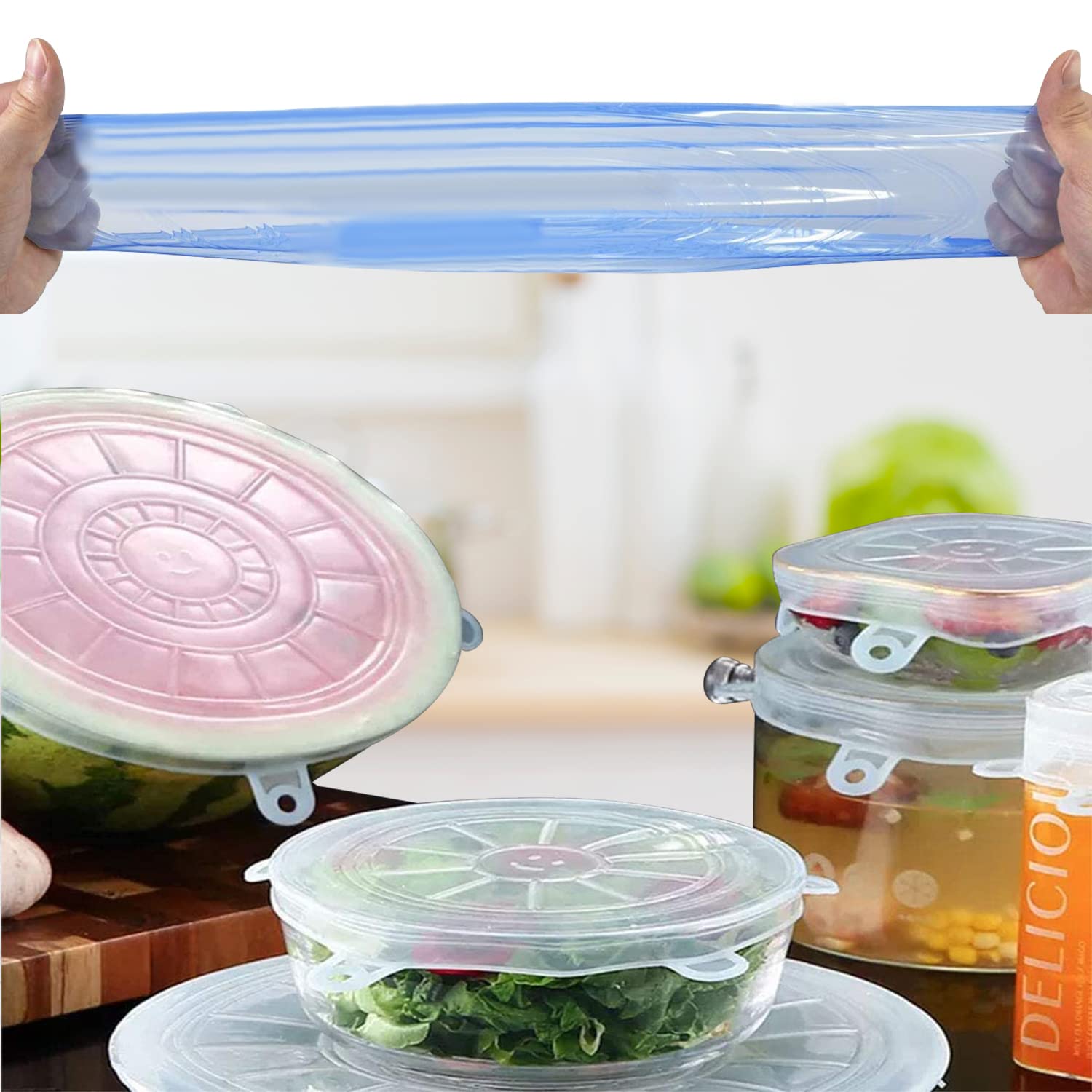 Stretch Lid, 12Piece Reusable Silicone Stretch Lid, 6 Sizes Stretch Food Holder Lid for Cans, Bowls & Cups, Fruit, Microwave Dishwasher Safe (Blue + White) — Amazon image 3