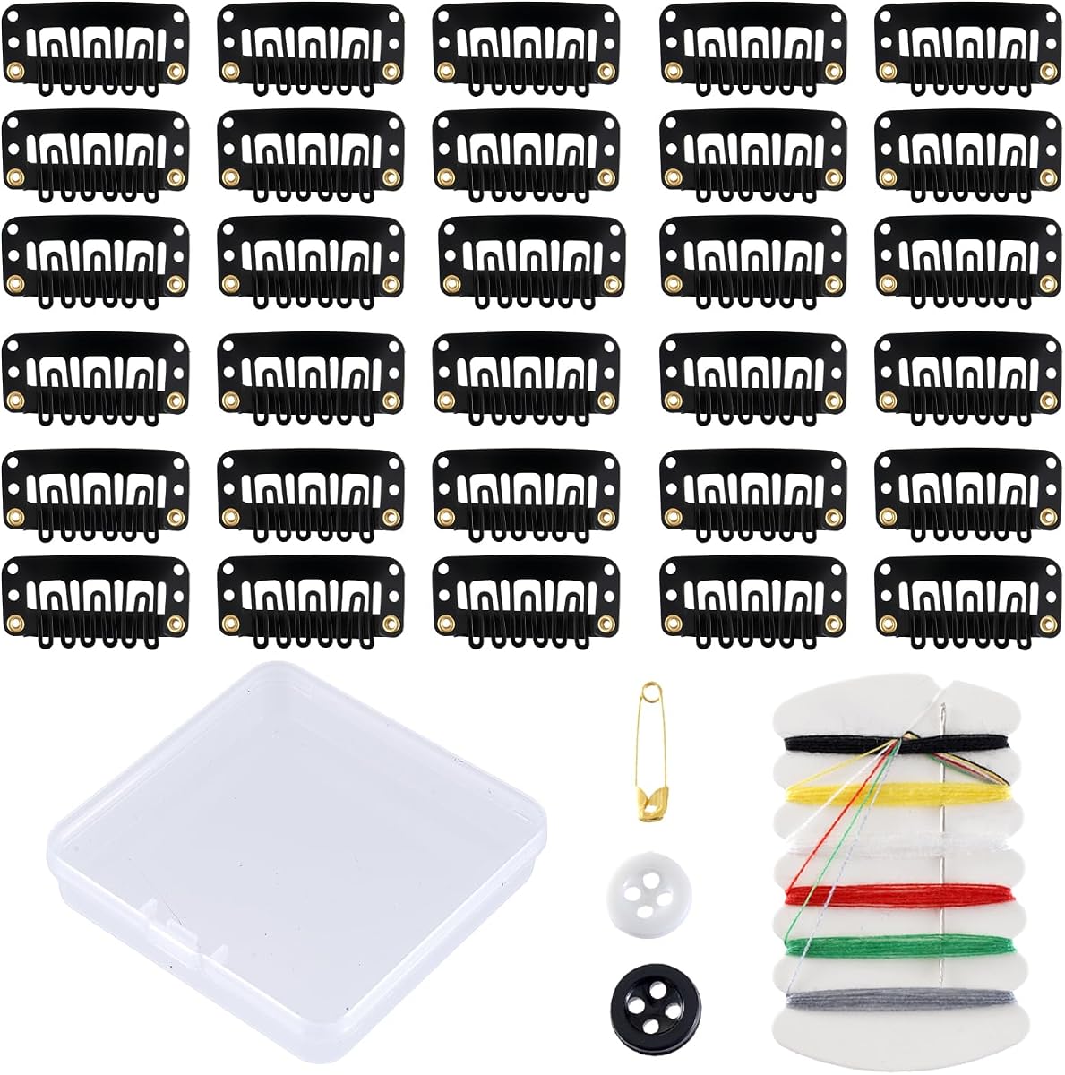 30 Pieces Wig Clips to Secure, Flat Hair Clip, Hair Extension Clip with Thread Kit, Hair Extensions Clip for Women, Bangs Hair Clip DIY Set for Kids and Pets, Black Chunni Clips