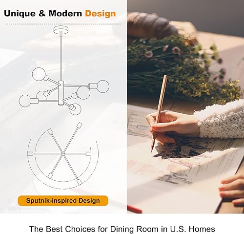 Miniatura 3 de Lámpara de araña de 30 pulgadas, lámpara de comedor de 6 luces, moderna Sputnik de color dorado cepillado y negro, lámpara de mediados de siglo