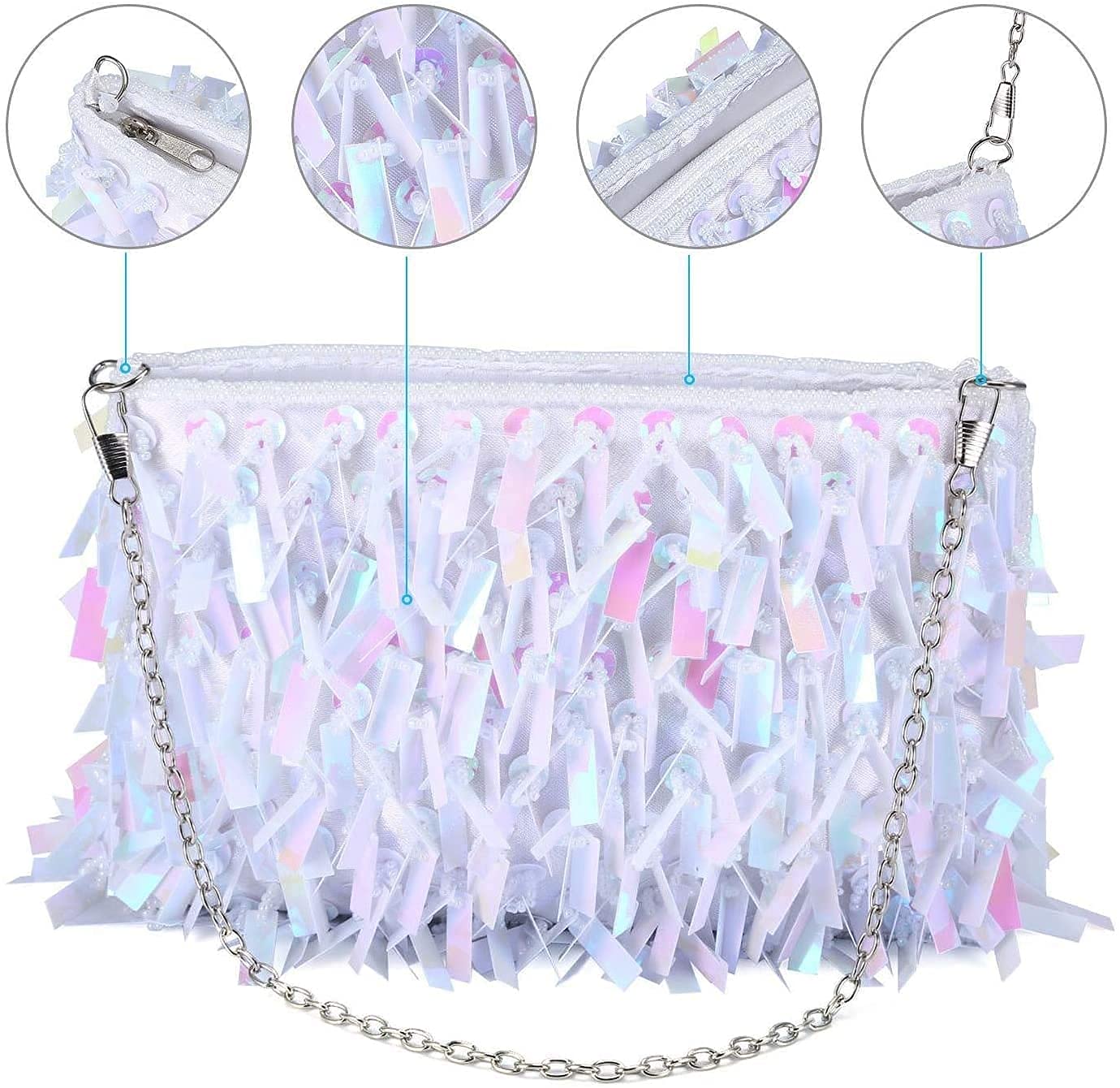 RajoNN Damen-Abendhandtaschen, Clutch-Tasche, Damen-Pailletten-Umhängetasche, kleine Umhängetasche, Kettentasche, Hochzeit, Party, Disco (Silber) (weiß)