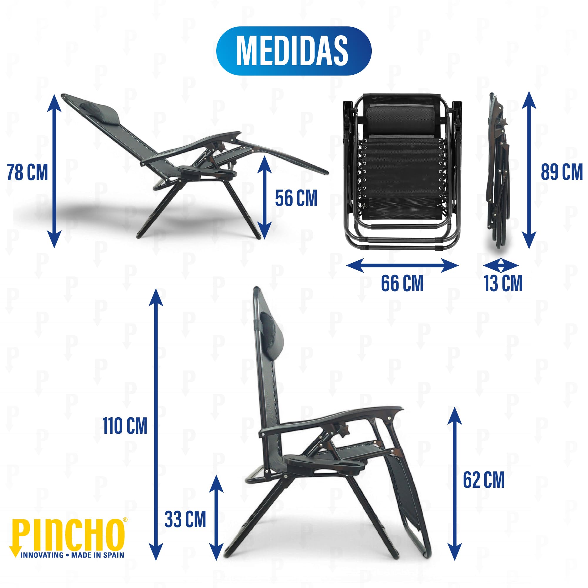 Pincho Tumbona Jardin Exterior Plegable de Gravedad Cero - Pack 2 Sillas Reclinables o Hamacas para Playa, Terraza y Camping con Portavasos, Ligeras y Cómodas (Negro)