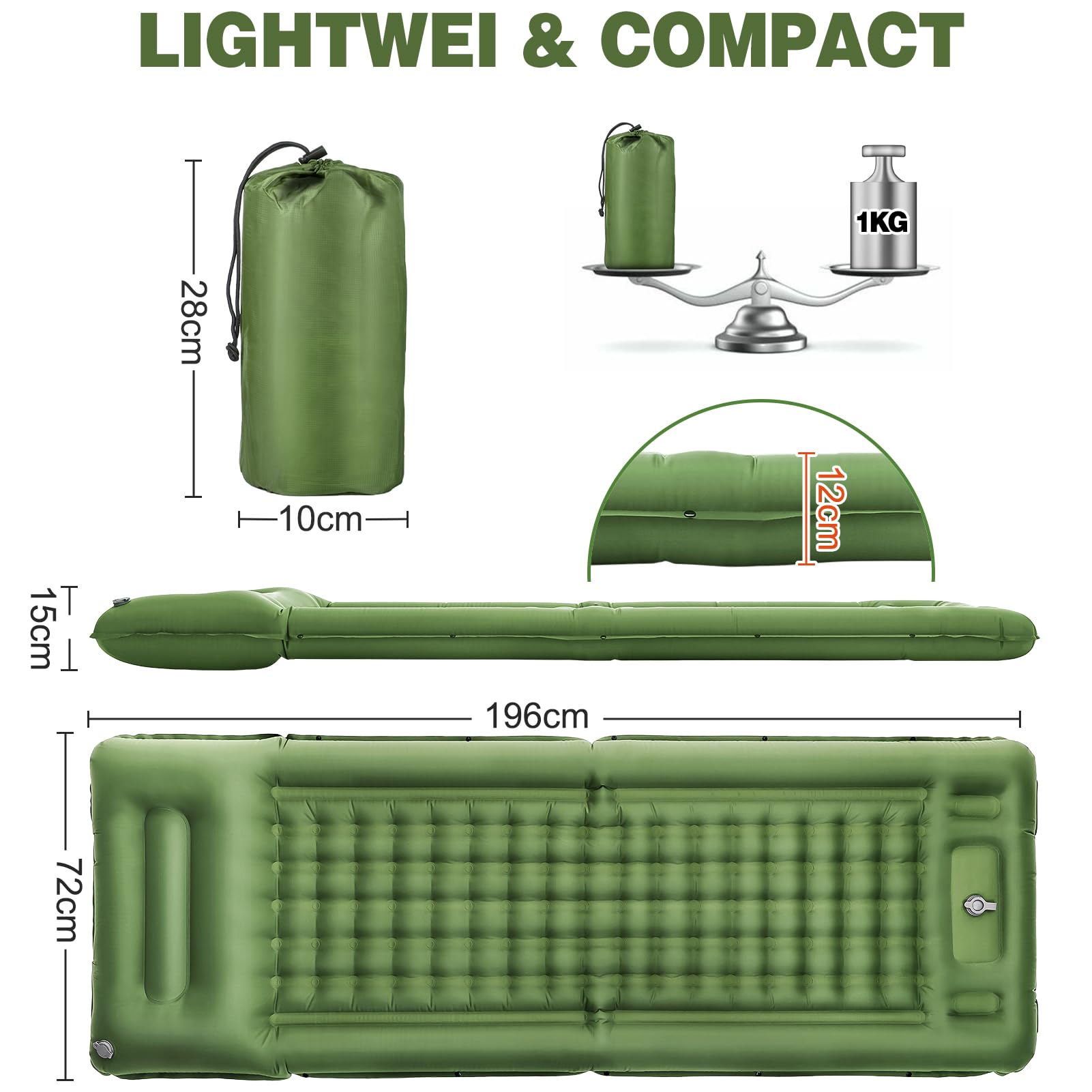 Kiaitre Isomatte,12CM Verdicktes Luftmatratze Camping mit Kissen und Fußpresse Pumpe, Ultraleicht Wasserdicht Isomatte Camping Matratze für Wandern, Strand, Outdoor und Zelt