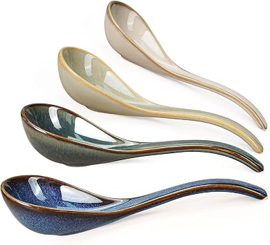 Artena Chinese Soup Spoons, Ceramic Asian Spoons with Deep Arc Anti-Roll Design, 6.85 Inch Set of 4, Perfect for Ramen, Pho, Wonton Soup as Japanese Soup Spoon, Korean Spoon Earth Tones