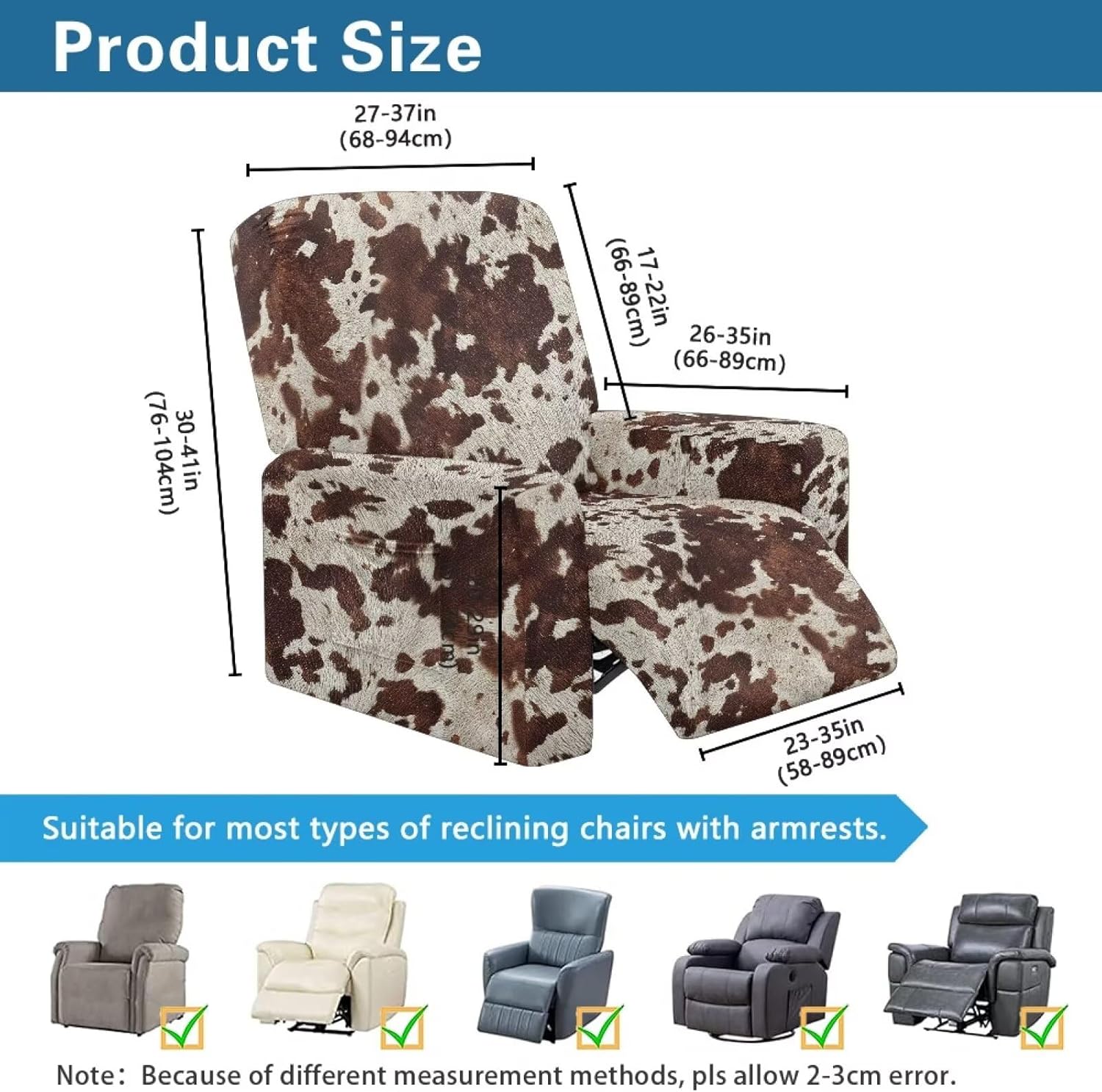 Cow Print Recliner Chair Covers Western Cow Spots Lazyboy Recliners Protector Cover Stretch, Western Small Recliner Slipcover with Storage Pockets Black