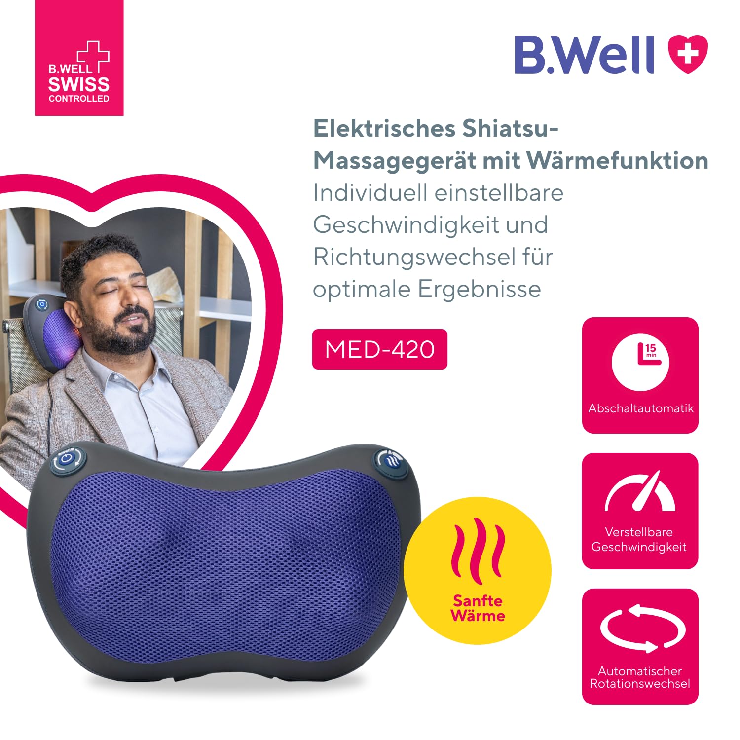 B.Well MED-420 Shiatsu-Massagegerät | Für Nacken, Schultern, Beine & mehr | Schweizer Qualitätsstandards: 3D-Rotationsköpfe mit Infrarot-Wärme, 3 Stufen und praktischer Armschlaufe