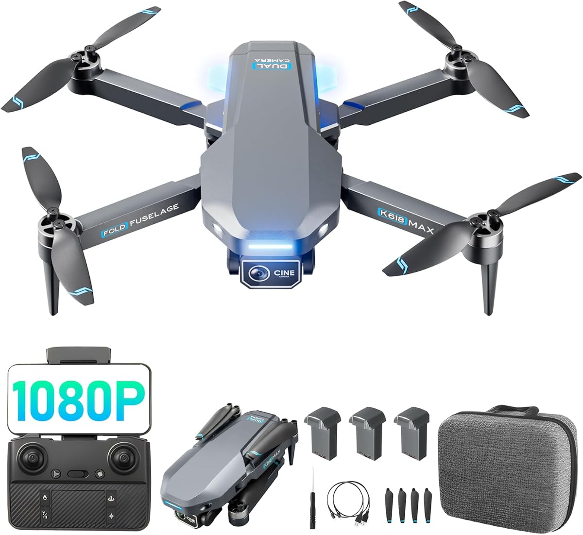 Brushless Motor Drone with Dual Camera for Kid, Long Range FPV Video RC Drone with Optical Positioning,2.4G Transmission,110°FOV 90°Adjustable Lens,3 Batteries, Beginners, Under 249G (Grey)