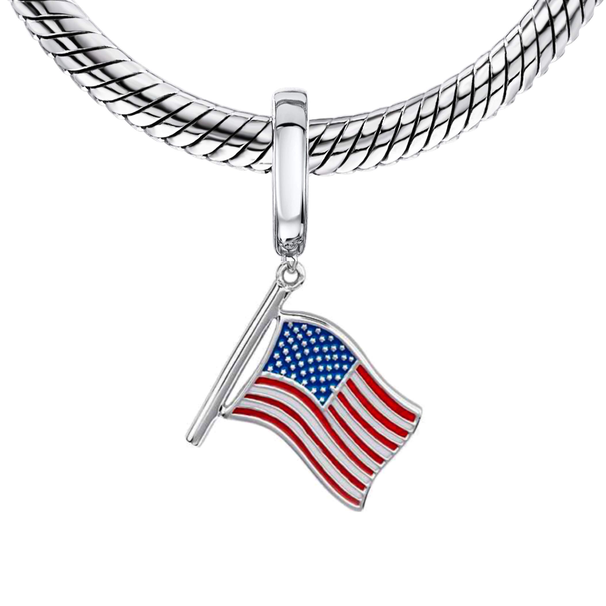 BolenviUSA America Flag Liberty & Justice 925 Sterling Silver Pendant Charm Bead For Pandora & Similar Charm Bracelets or Necklaces