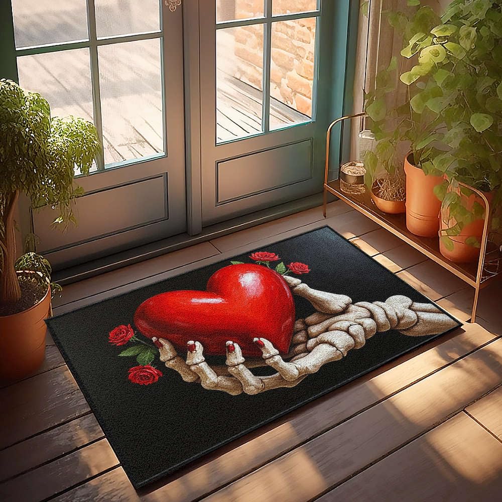 Tapis d'extérieur Halloween 50x80 cm avec main squelette et roses rouges