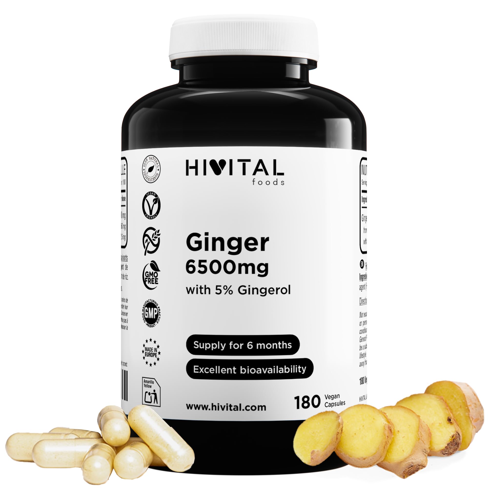 Gingembre 6500 mg. 180 gélules végétaliennes pour 6 mois de traitement. Extrait Naturel avec 5% de Gingérols apportant 32,5 mg par gélule. Fabriqué en Europe par HIVITAL