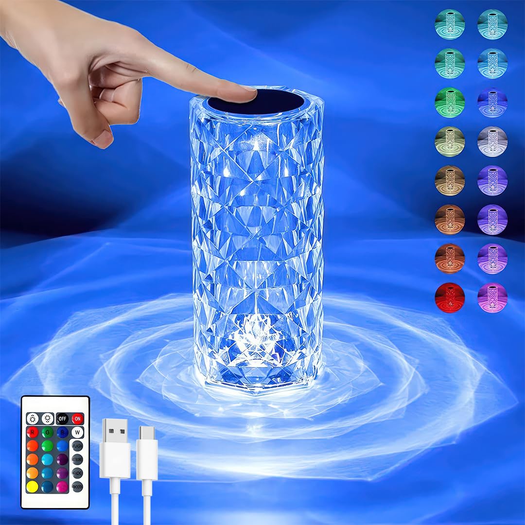 DEMPOWER Crystal Diamond LED Table Lamp, 16-Color RGB Night Light with Touch Sensor, Remote Control, and USB Rechargeable Design, Bedside Lamp for Romantic Lighting, Dimmable and Portable Home Decor